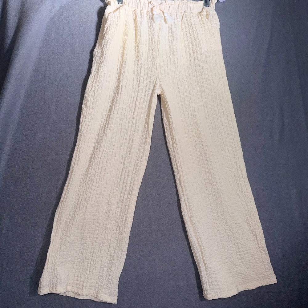 Girls Size 7/8 Cream Textured Guazy Wide Leg Pants Coastal Euro Summer Romantic